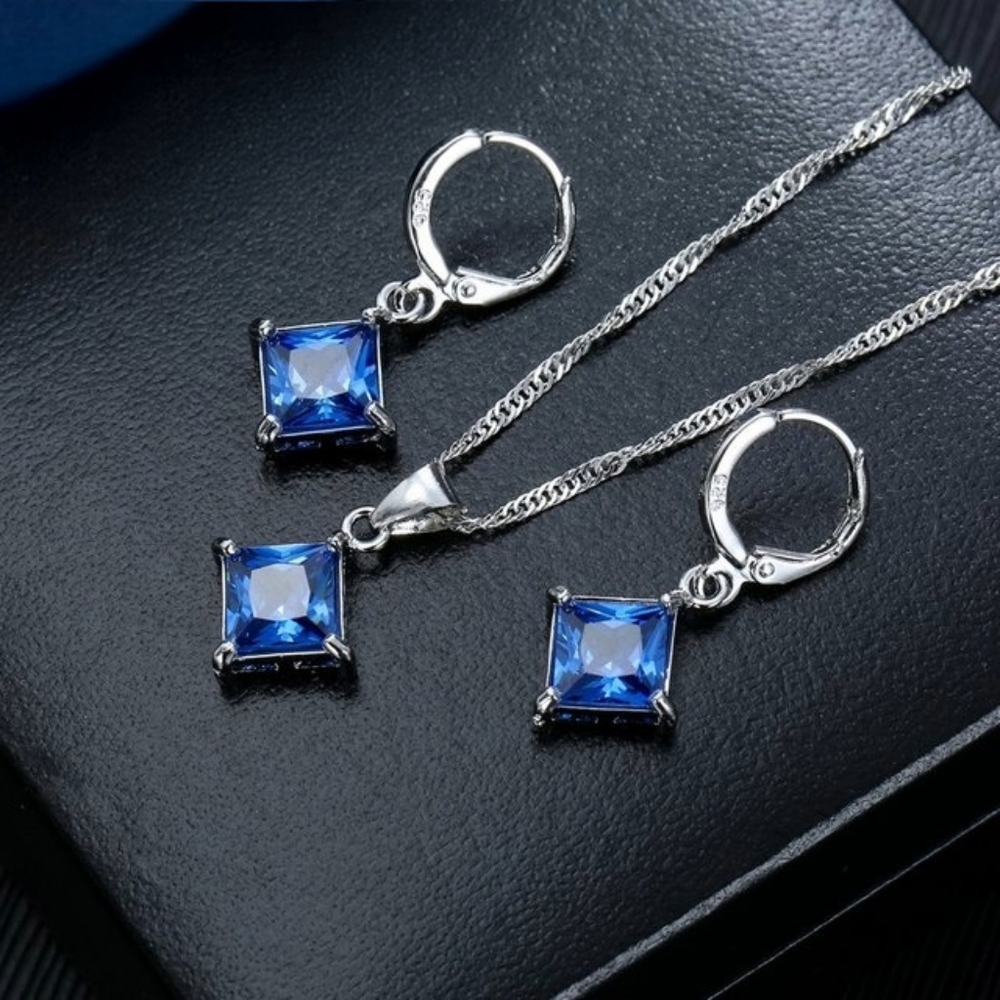New Elegant Sterling Silver Plated Blue Cubic Zirconia Jewelry Set